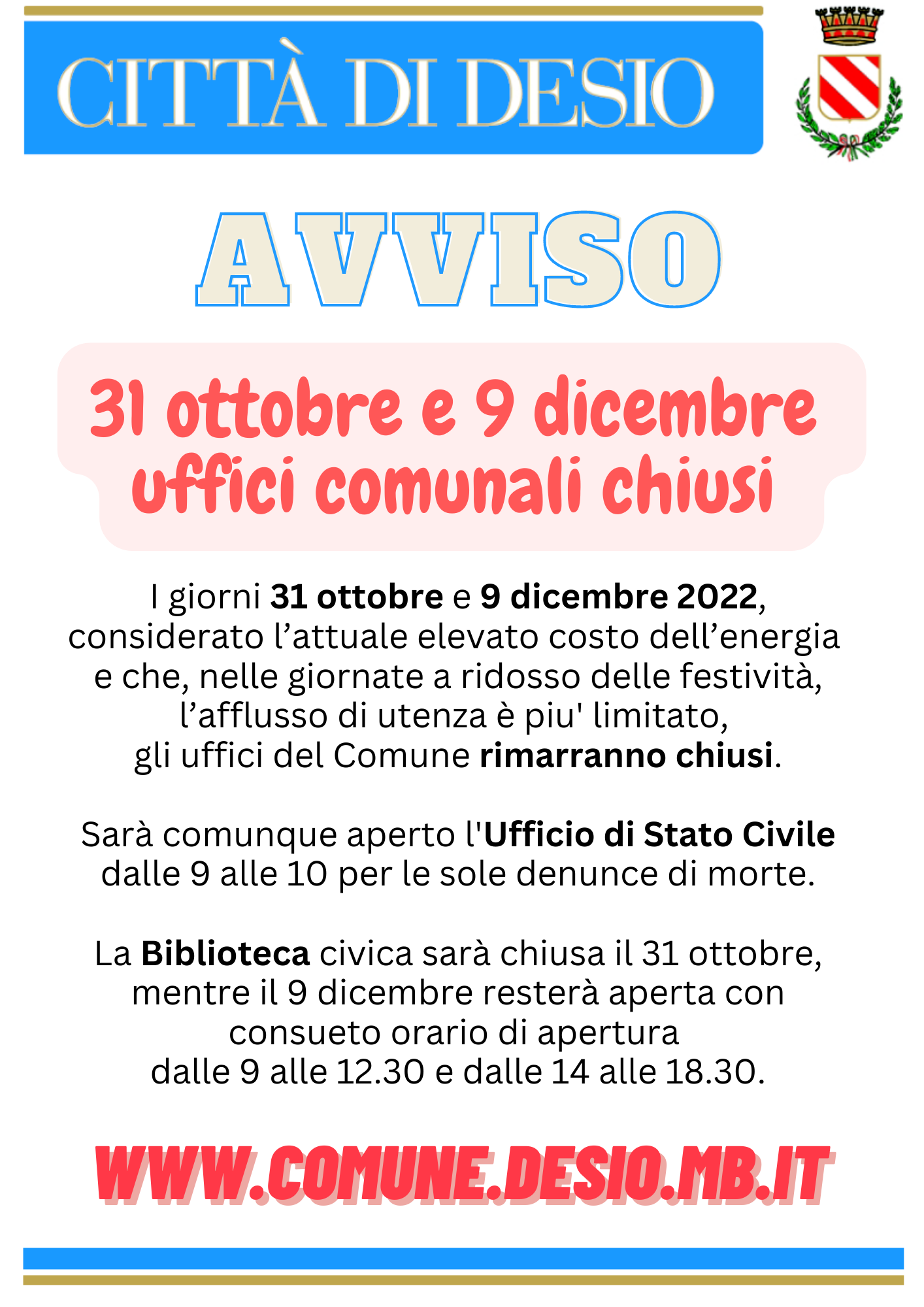 31 ottobre e 9 dicembre uffici comunali chiusi 