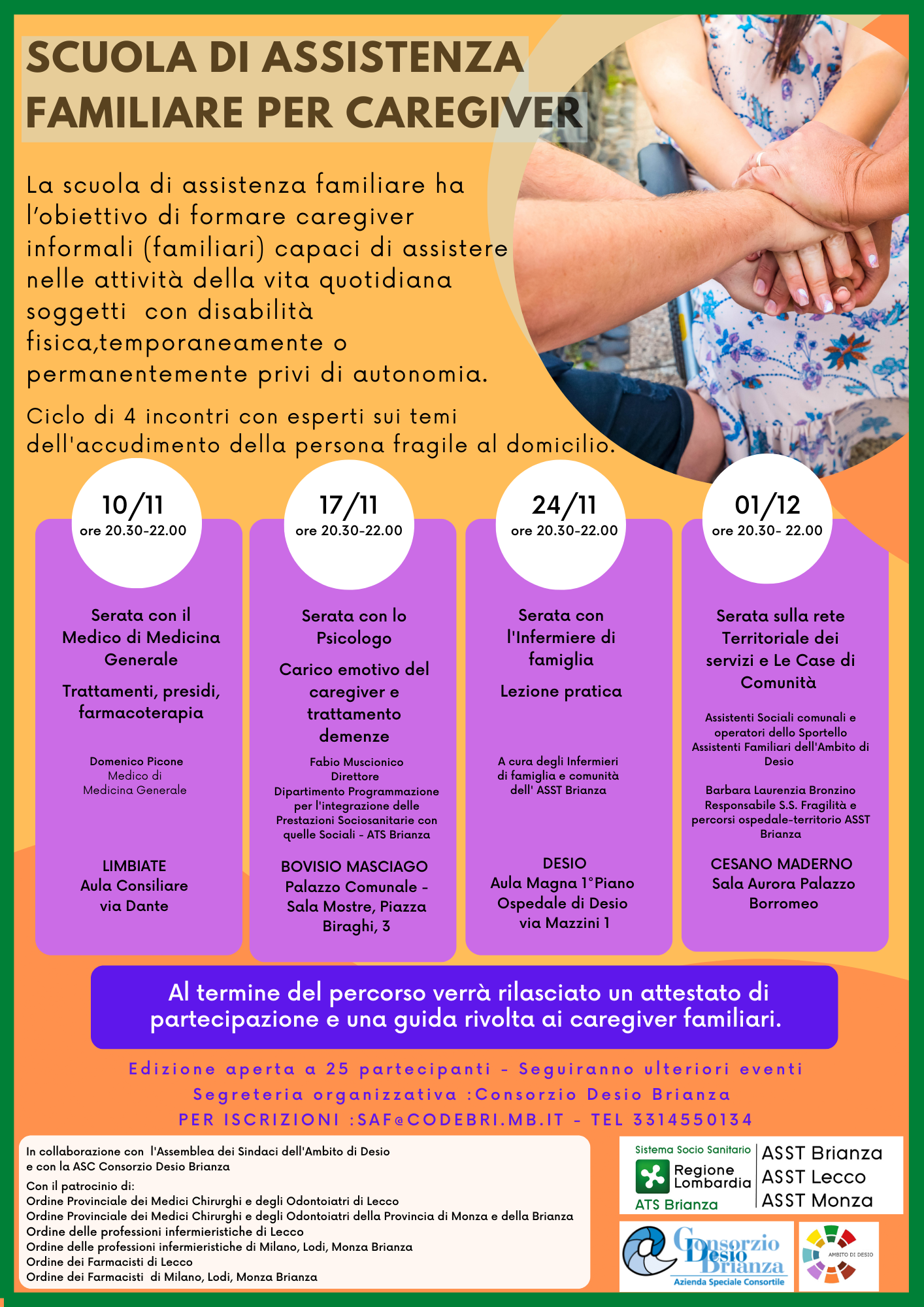 Scuola di Assistenza familiare per caregiver, un ciclo dedicato di 4 incontri