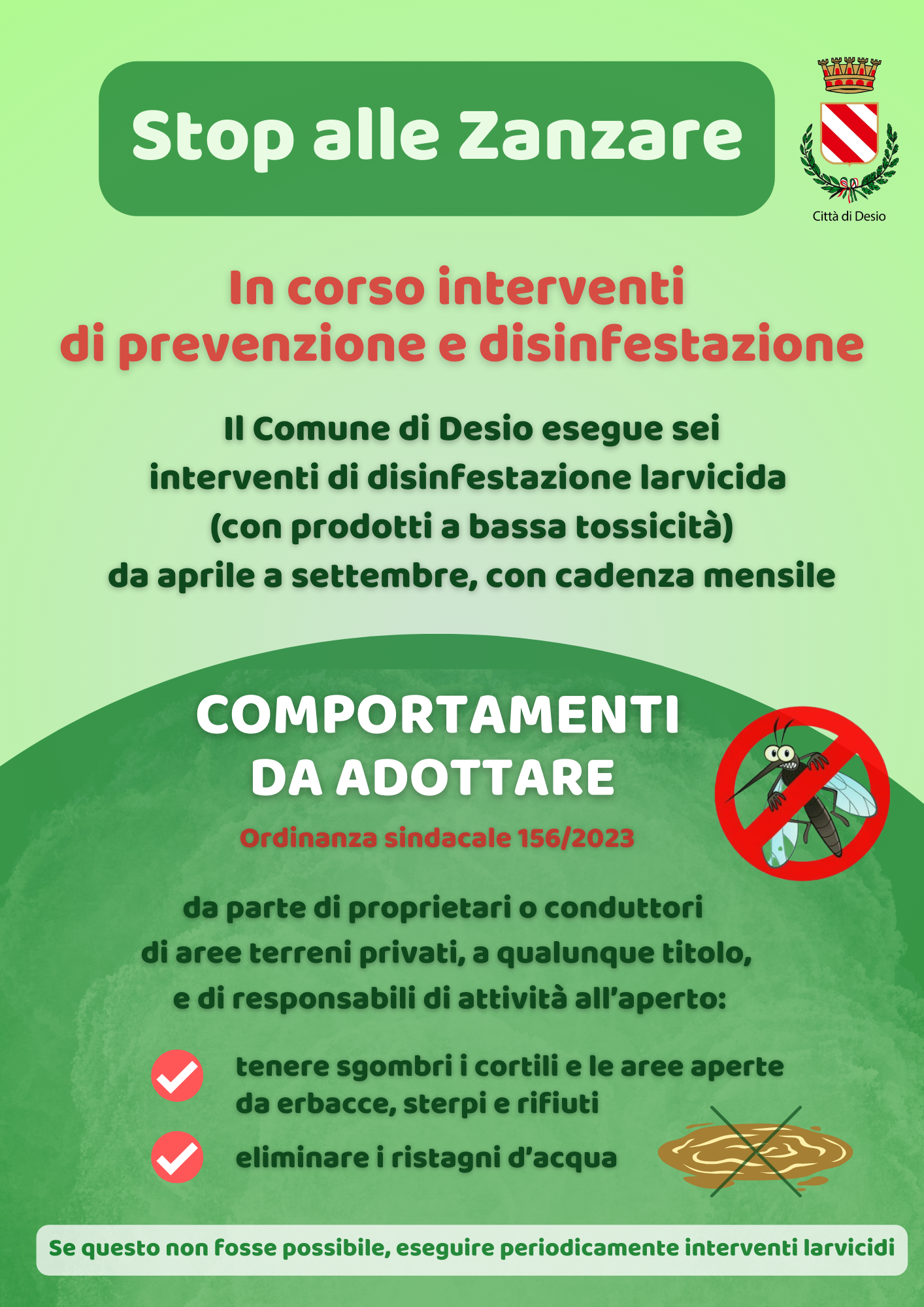 Stop alle Zanzare: partita ad aprile la prevenzione con l'uso di larvicidi a bassa tossicità