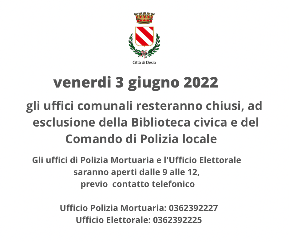 Avviso chiusura uffici venerdì  3 giugno 2022