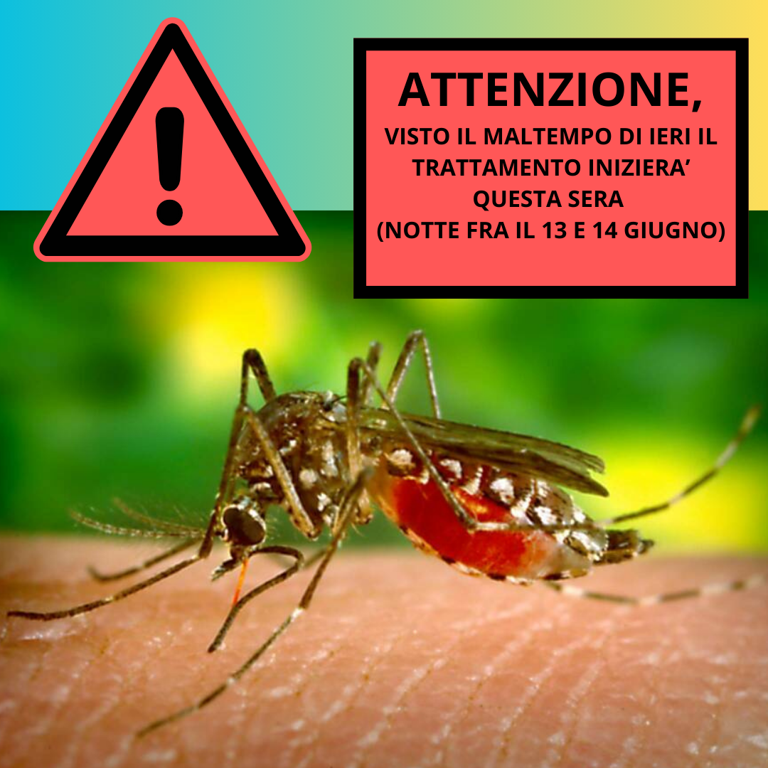 ATTENZIONE: VISTO IL MALTEMPO DI IERI, L'INTERVENTO DI DISINFESTAZIONE STRAORDINARIA ZANZARE INIZIERA' DA QUESTA SERA. (notte fra 13 e 14 giugno)