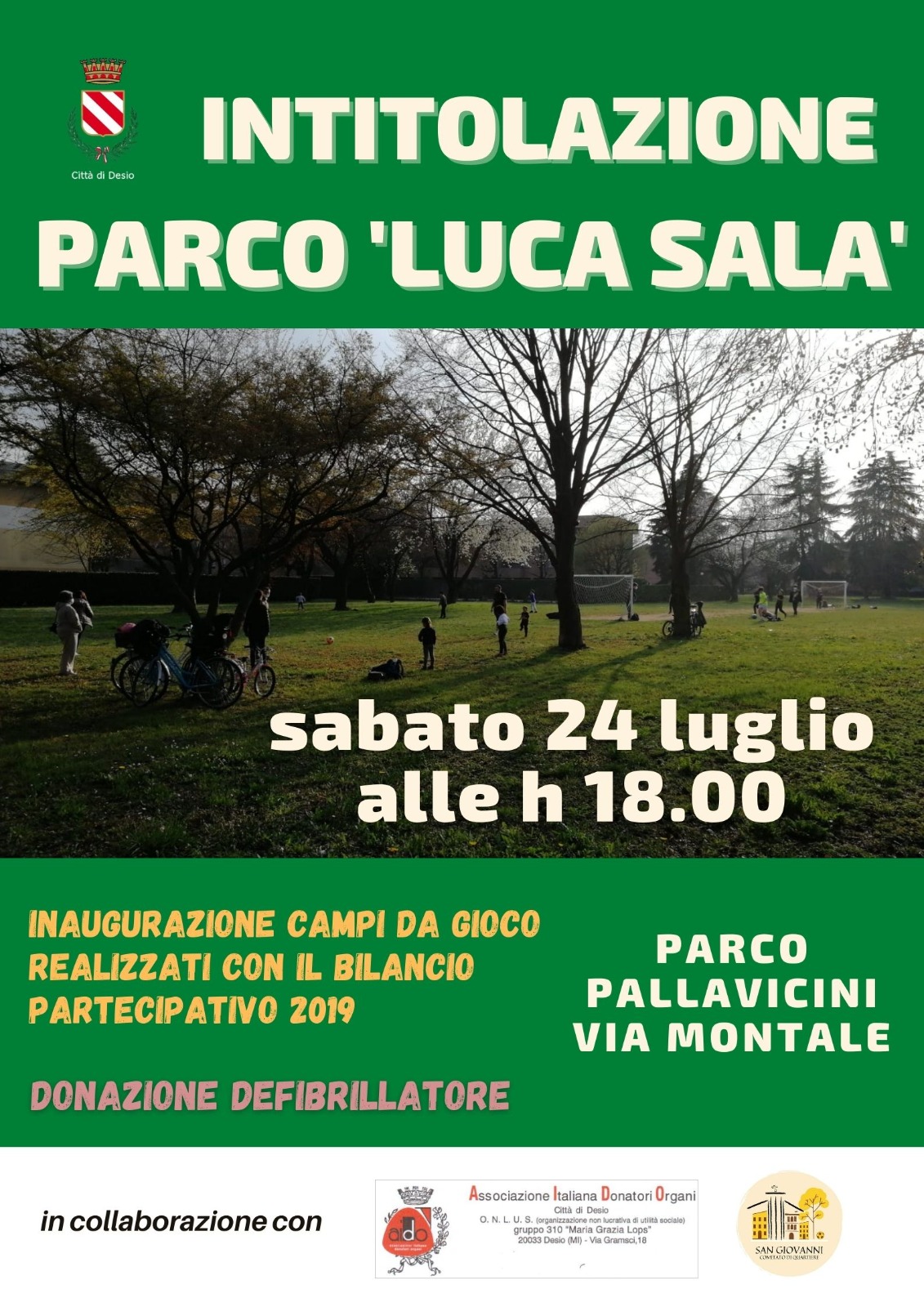 Tutto pronto per l’intitolazione del Parco a Luca Sala, donato anche un defibrillatore