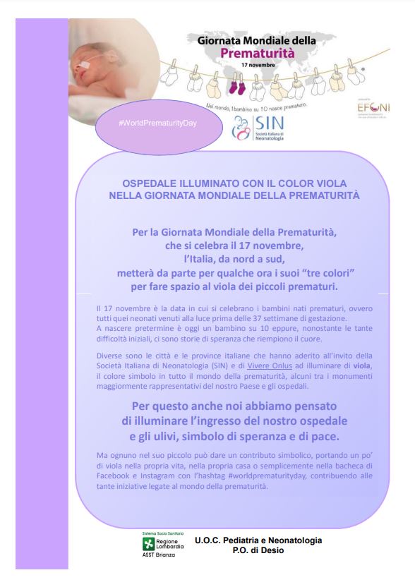 Giornata Prematurità, il 17 novembre Largo Alpini si colora di viola