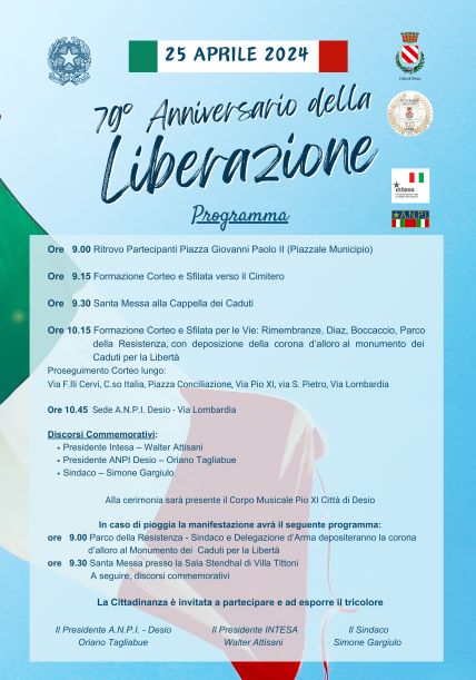 25 Aprile 2024, a Desio le iniziative per il 79° Anniversario della Liberazione