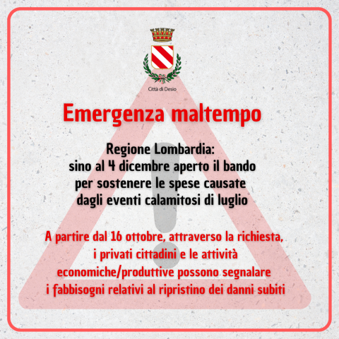 Regione Lombardia: sino al 4 dicembre aperto il bando per sostenere le spese causate dagli eventi calamitosi di luglio