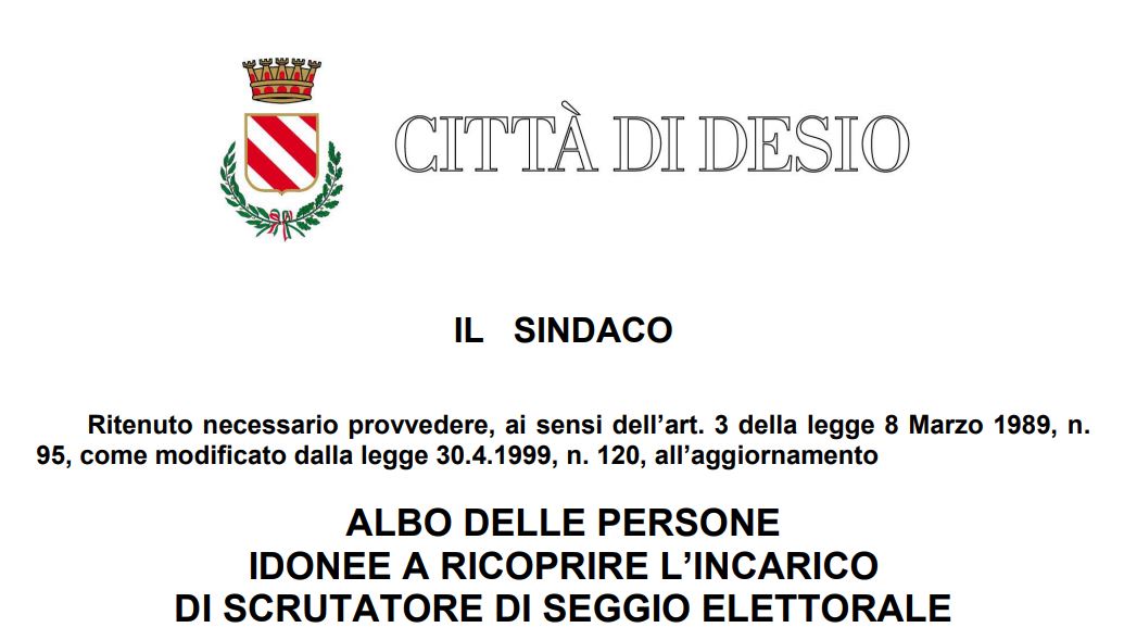 Albo delle persone idonee a ricoprire l’incarico di Scrutatore di seggio elettorale