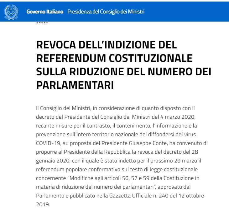 Coronavirus: rinviato il referendum del 29 marzo sul taglio dei parlamentari