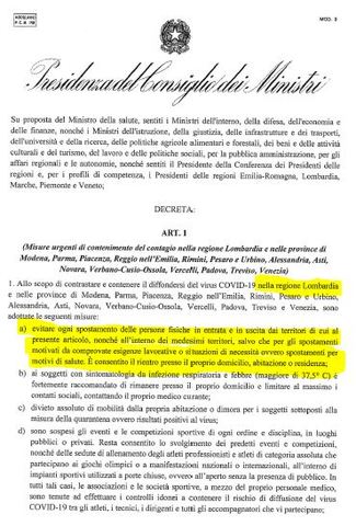 Coronavirus:  nuovo decreto del Governo che introduce limiti agli spostamenti in tutta la Lombardia 