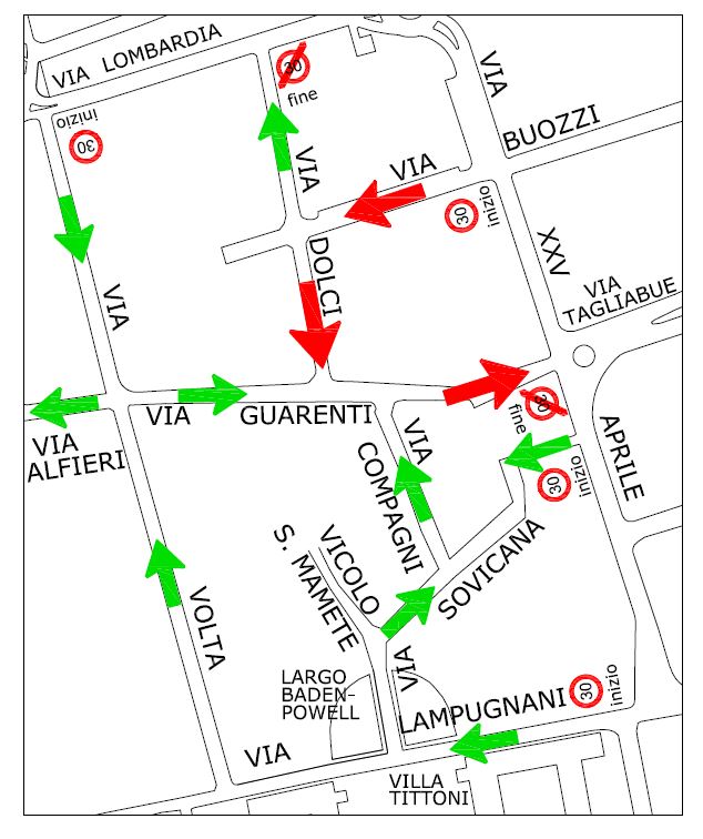 Vie Guarenti - Dolci - Buozzi - XXV Aprile: avvio dei lavori per l'istituzione dei nuovi sensi unici funzionali alla zona 30 e isola ambientale 