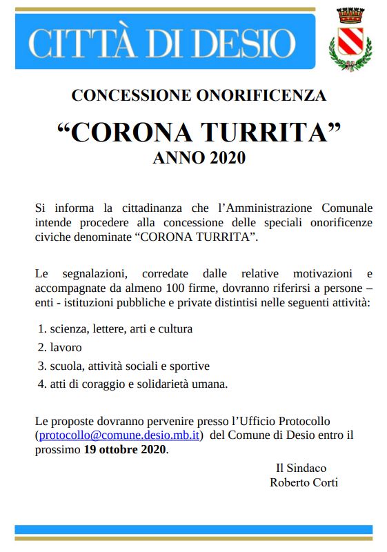 Corona Turrita: proposte per le civiche benemerenze entro il 19 ottobre