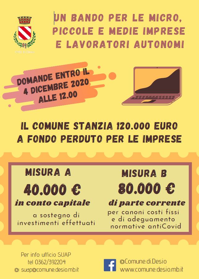 Emergenza Covid-19 e ripresa economica: il Comune stanzia 120mila euro a fondo perduto per le imprese
