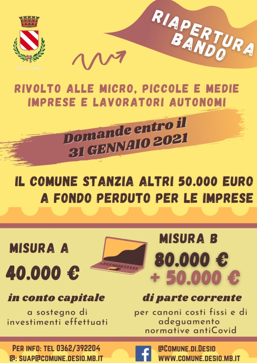 Emergenza Covid-19 e ripresa economica: il Comune riapre il bando per le imprese e stanzia altri 50mila euro con una variazione di bilancio 